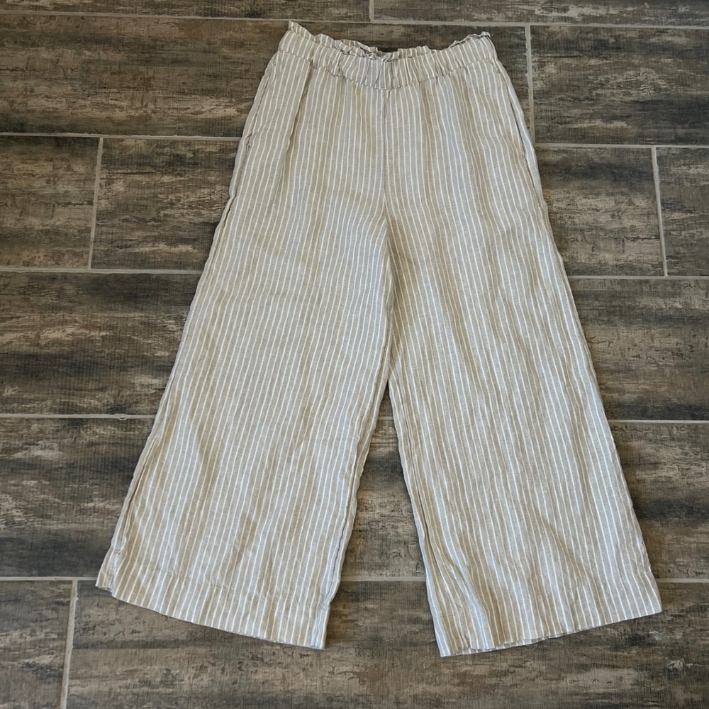 Chico's Wide Leg Pants Women 0.5 US 6 Tan White Striped Linen Paperbag Waist